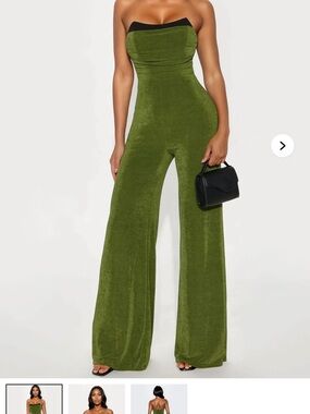 Fashion Nova Olive Strapless Wide-Leg Jumpsuit with Black Trim